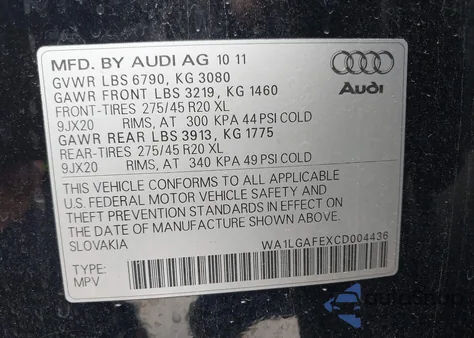 2012 Audi Q7 Premium Plus from USA, damaged, VIN WA1LGAFEXCD004436